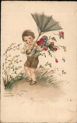 Boy with Flowers & Umbrella, Vintage Czech Postcard Postcard