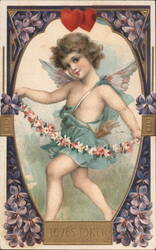 Cupid with Garland, Love's Token, Embossed Valentine's Postcard Postcard