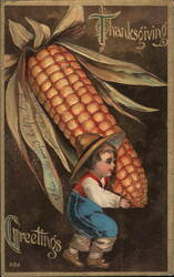 Boy Carrying Giant Corn Thanksgiving Greetings Postcard, IA Children Postcard Postcard