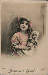 Girl with Doll, Happy New Year Postcard, Paris, France - Colorized Children Postcard Postcard