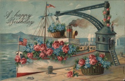 Happy Birthday Nautical Postcard: Steamer with Floral Baskets Postcard Postcard