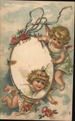 Two Cherubs Holding Oval Frame, Embossed Flowers, Vintage Postcard Postcard