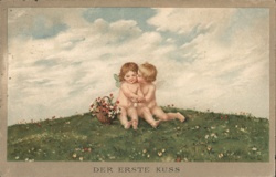 Two Cherubs First Kiss, Colorful Vintage Postcard Postcard