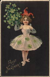 Girl with Shamrocks, New Year Postcard, Germany - Colorful Vintage Postcard