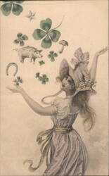 Lucky Girl with Pig, Horseshoe & Four-Leaf Clovers Pigs Postcard Postcard Postcard