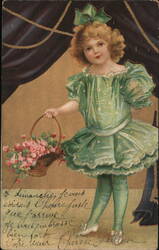 Little Girl with Flower Basket, Green Dress, Vintage Postcard, France Ellen Clapsaddle Postcard Postcard