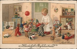 Antique Toys & Dolls Birthday Greeting, Color Illustration by Paul Ebner Postcard