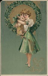 Irish Girl with Pig, Erin Go Bragh, Embossed, Green, c. 1910 St. Patrick's Day Samuel L. Schmucker Postcard Postcard Postcard