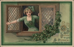 Woman in Green Dress at Window, St. Patrick's Day Greeting Postcard