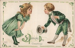 St. Patrick's Day Greeting, Children in Green, Vintage Illustration Postcard