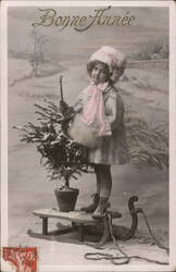 Bonne Année: Girl with Christmas Tree on Sled, Vintage French Postcard Children Postcard Postcard