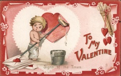 Comic Cupid Painting Heart, Valentine's Day Postcard Postcard