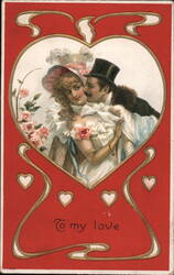 Romantic Couple in Heart, Embraced, Vintage Postcard Postcard