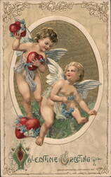 Two Cherubs with Hearts, Valentine Greeting, Embossed Gold Cupid Samuel L. Schmucker Postcard Postcard Postcard