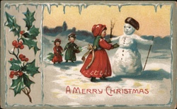 Children Building Snowman, Winter Scene - Christmas Postcard Snowmen Postcard Postcard