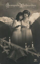 Two Angels at Christmas, Germany, Vintage Holiday Postcard Postcard Postcard