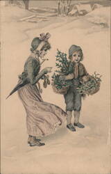 Children with Christmas Baskets, Winter Scene, Vintage Holiday Postcard Postcard Postcard