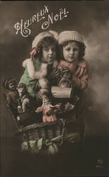 Two Girls with Toys in Basket - French Christmas Postcard Children Postcard Postcard