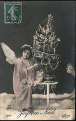 Angel Girl with Christmas Tree on Sleigh - Vintage French Holiday Postcard Children Postcard Postcard