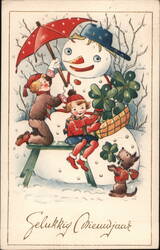 Children Building Snowman, Antwerp, Belgium - Colorful Vintage Illustration Snowmen Postcard Postcard Postcard