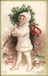 Snowy Child with Evergreen Sprig - Ellen Clapsaddle Christmas Children Postcard Postcard Postcard