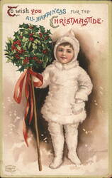 Child in Winter Outfit with Holly Sprig - Christmas Greeting Postcard