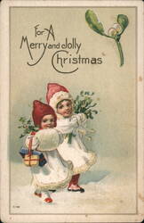 Two Children in White with Holly and Gifts - Christmas Postcard Postcard Postcard