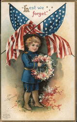 Patriotic Boy with Wreath, American Flags - Vintage Postcard Memorial Day Ellen Clapsaddle Postcard Postcard