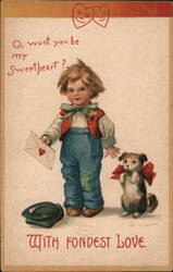 Boy with Dog & Valentine Letter, Embossed Hearts, Vintage Postcard Children Ellen Clapsaddle Postcard Postcard