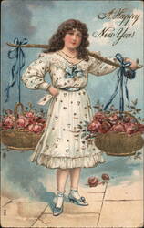 Girl with Rose Baskets, Happy New Year Postcard, c. 1900s Children Postcard Postcard