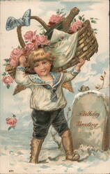 Cherubic Boy with Birthday Basket Postcard Postcard Postcard