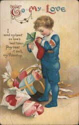 Boy with Valentine's Gifts - Antique Children's Postcard Ellen Clapsaddle Postcard Postcard