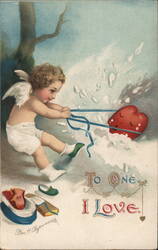 Cherubic Cupid Pulling Heart in Snow - Valentine's Day Postcard Ellen Clapsaddle Postcard Postcard