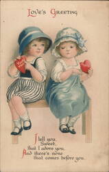 Two Children with Valentine Hearts - Vintage Illustration Ellen Clapsaddle Postcard Postcard Postcard