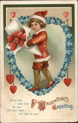 Cute Boy with Hearts, Valentine's Greeting, Vintage Illustration Children Ellen Clapsaddle Postcard Postcard Postcard