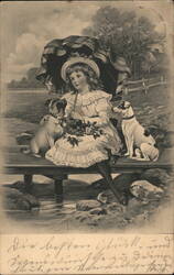 Girl with Dogs & Parasol, Antique Postcard Postcard Postcard