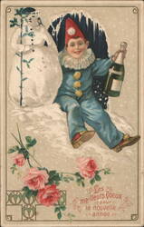 Clown with Champagne & Snowman, New Year's Greeting Snowmen Postcard Postcard Postcard