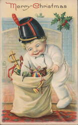 Antique Christmas Postcard: Child with Toy Sack, Fireside Scene Toys Postcard Postcard