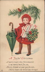 Joyful Christmas Girl with Gifts, Umbrella & Holly, Vintage Holiday Postcard Children Postcard Postcard