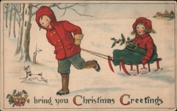 Boy Pulling Girl on Sled, Winter Christmas Scene Children Postcard Postcard Postcard