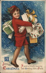 Boy with Christmas Gifts - Antique Holiday Postcard Children Ellen Clapsaddle Postcard Postcard