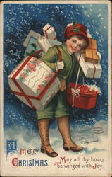 Boy with Christmas Gifts - Vintage Holiday Postcard Children Ellen Clapsaddle Postcard Postcard