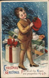 Boy with Christmas Gifts & Holly Berry Hat - Vintage Holiday Greeting Children Ellen Clapsaddle Postcard Postcard Postcard