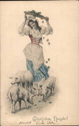 Woman with Pigs, New Year's Greeting - Vintage Postcard from Vienna Postcard Postcard