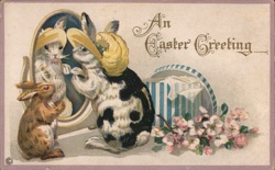 Rabbits in Easter Bonnets, Vintage Easter Greeting Postcard With Bunnies Postcard Postcard