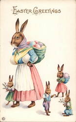 Easter Bunny Family with Eggs Vintage Illustration With Bunnies Postcard Postcard Postcard