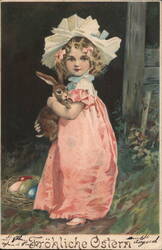 Girl with Bunny & Easter Eggs, Vintage Easter Postcard With Bunnies Postcard Postcard