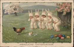 Four Children in Bunny Costumes, Easter Chicks & Eggs - Vintage Easter Postcard With Children Paul Ebner Postcard Postcard