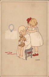 Two Young Girls, One Combing the Other's Hair, Children's Illustration Postcard