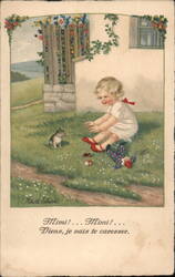 Charming Child with Kitten and Doll, Belgium - Color Vintage Postcard Cats Sarah Klein Postcard Postcard